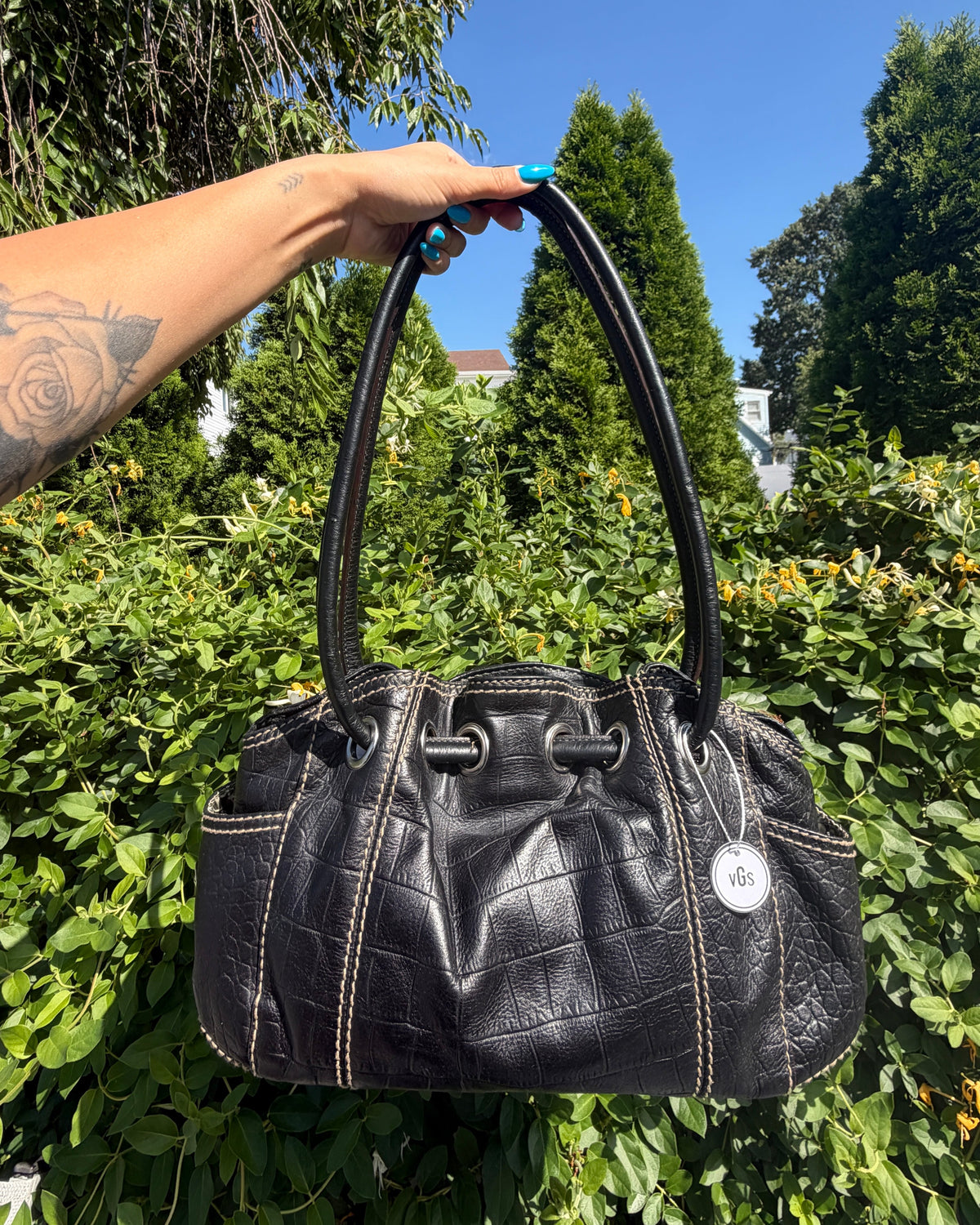 Vintage Tignanello Y2K Black Croc Embossed Leather Cloud Shoulder Bag