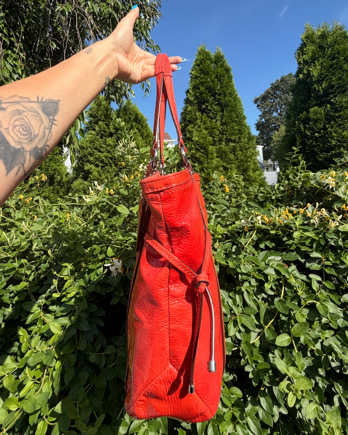 Vintage Coach Audrey Op Art Perforated Red Patent Leather Tote Y2K Shoulder Bag
