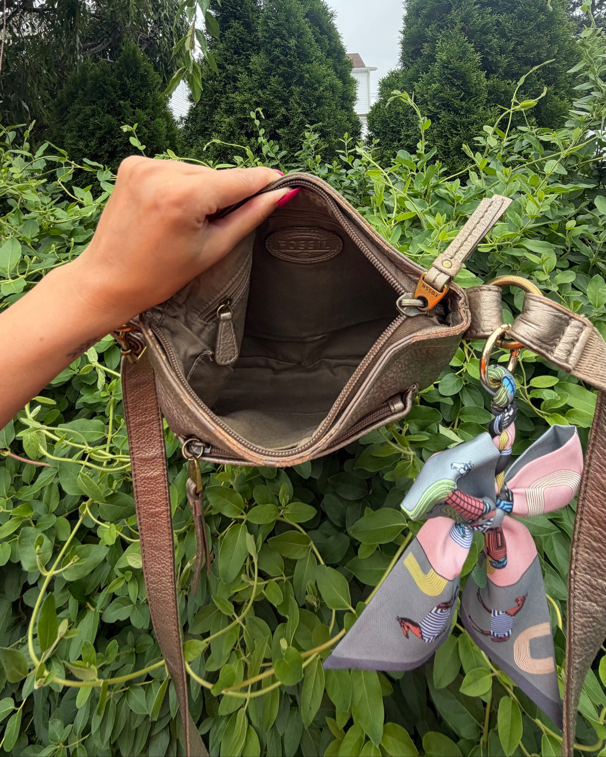 Fossil Metallic Taupe Pebbled Leather Crossbody with Scarf Accent