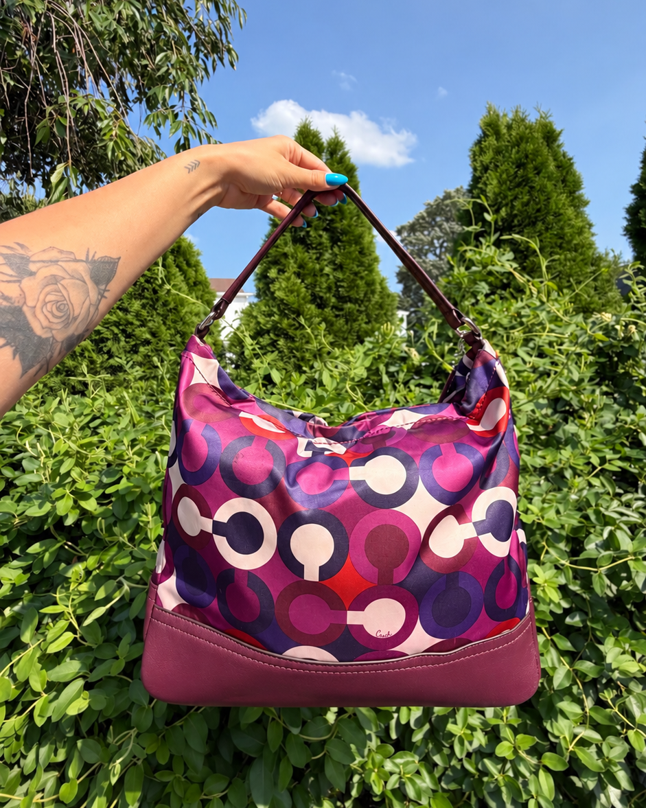 Coach Madison Maggie Op Art Purple Pink Sateen Hobo Shoulder Bag Y2K Purse