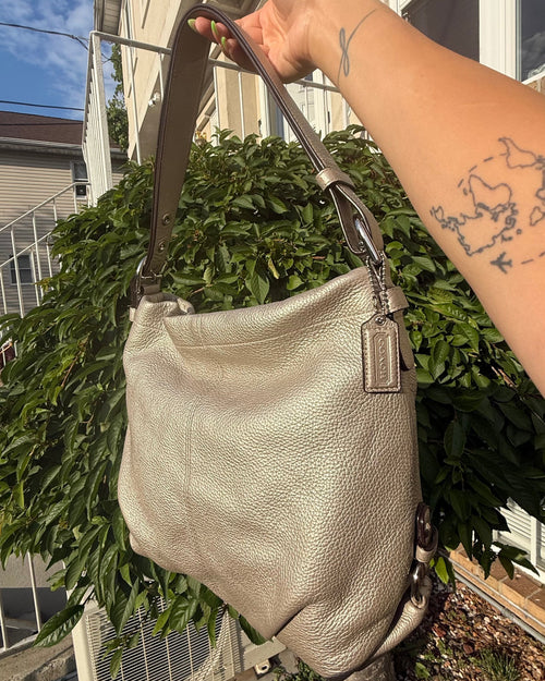 Coach Metallic Silver Gray Pebbled Leather Hobo Shoulder Bag Slouch Tote Purse