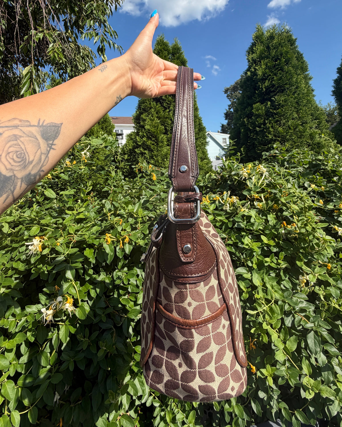 Vintage Fossil Signature Jacquard Brown Monogram Y2K Hobo Shoulder Bag