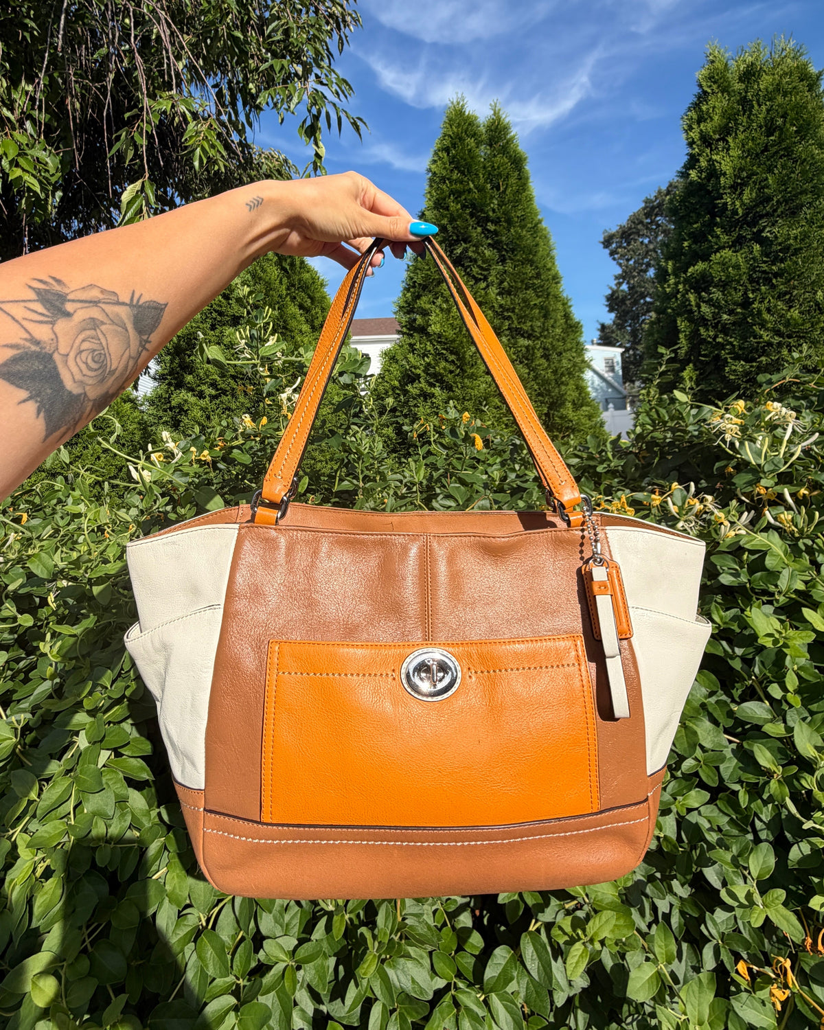Coach Park Colorblock Carrie Turnlock Tote Leather Shoulder Bag Orange Brown