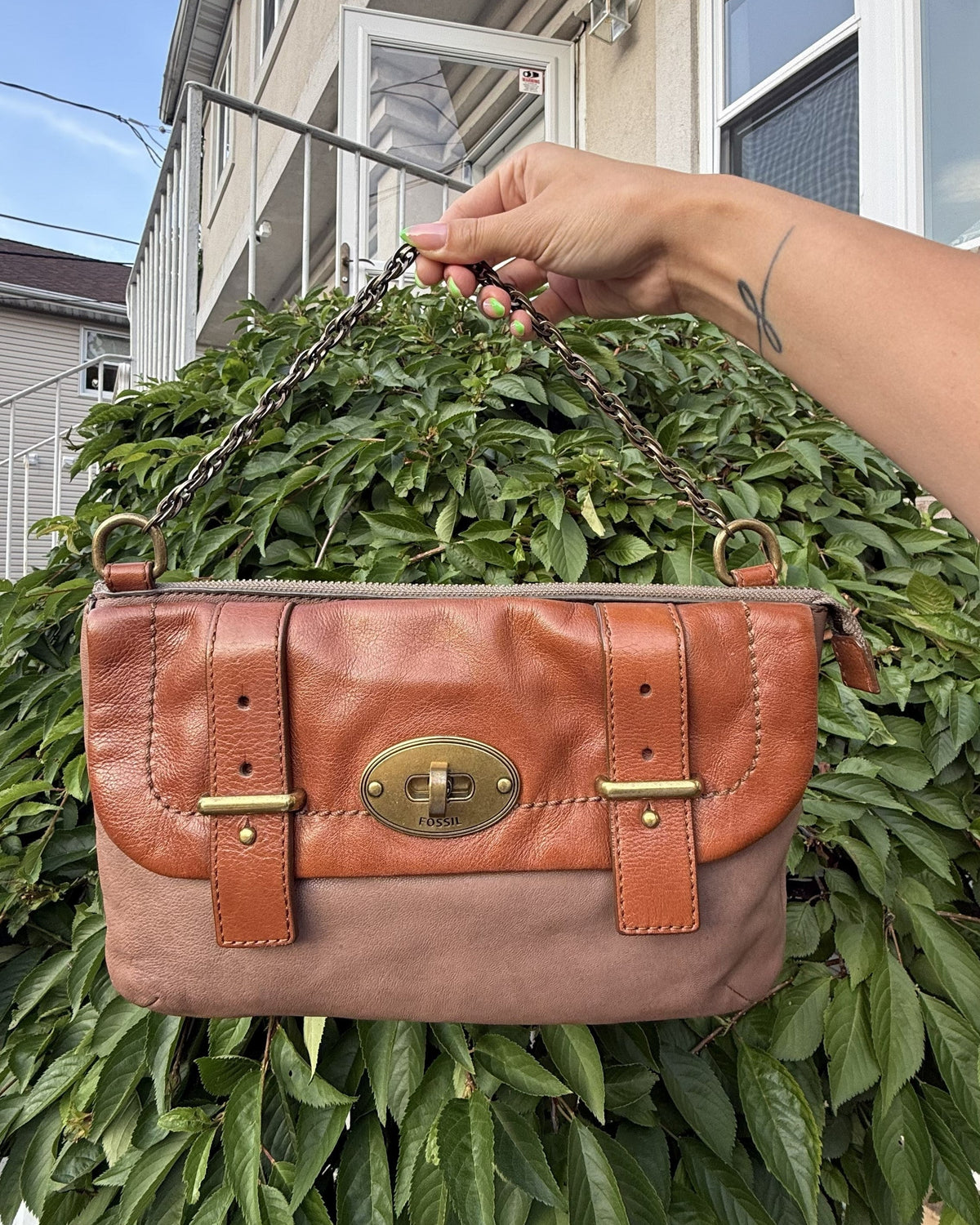 Vintage Y2K Fossil Colorblock Leather Chain Shoulder Bag Satchel Purse Tan Brown
