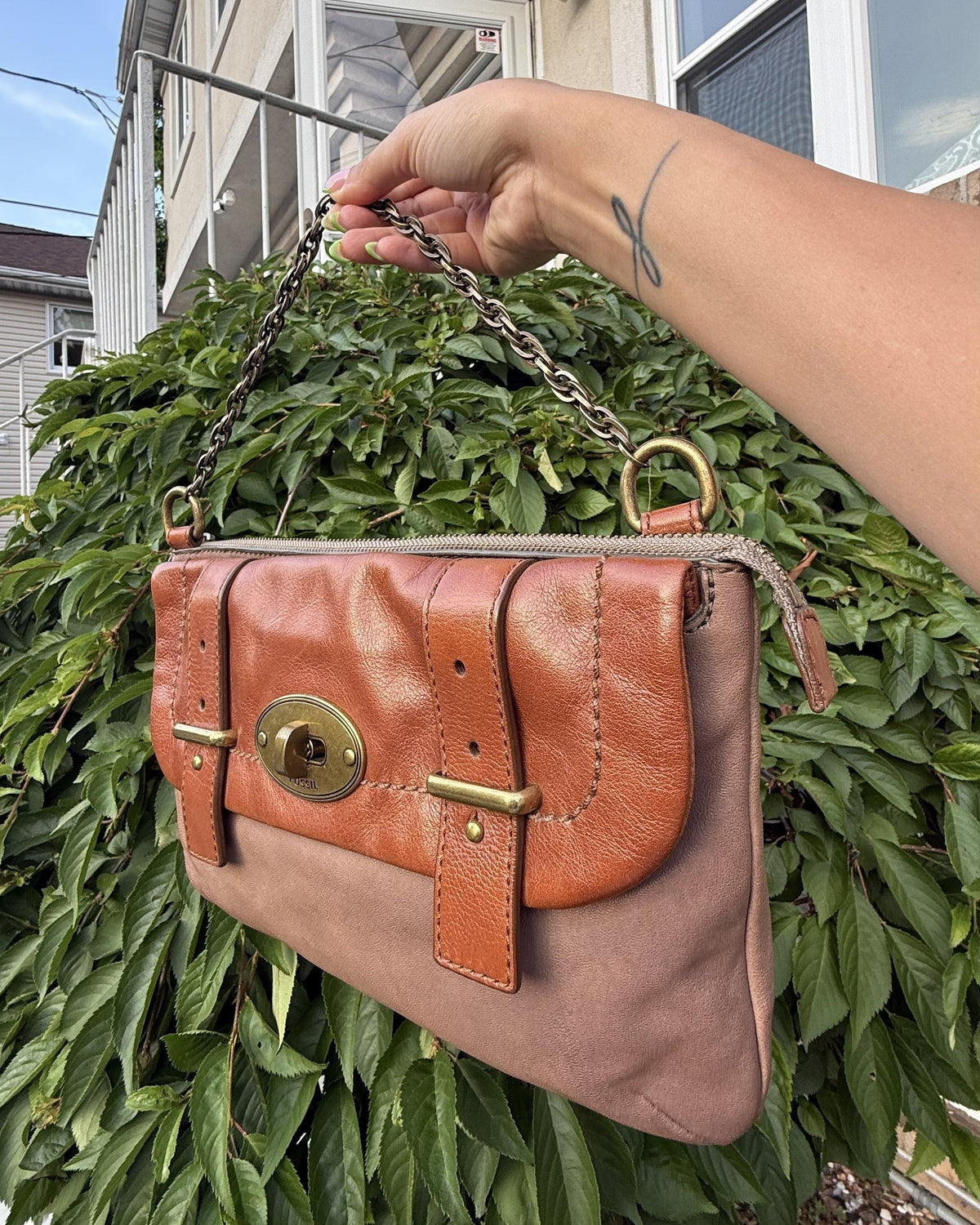 Vintage Y2K Fossil Colorblock Leather Chain Shoulder Bag Satchel Purse Tan Brown