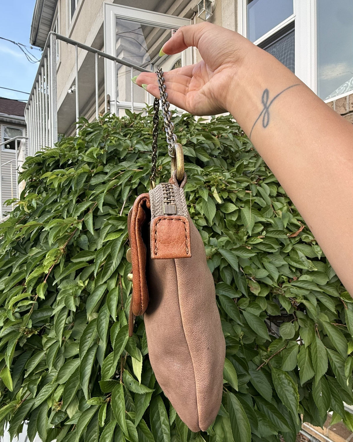 Vintage Y2K Fossil Colorblock Leather Chain Shoulder Bag Satchel Purse Tan Brown