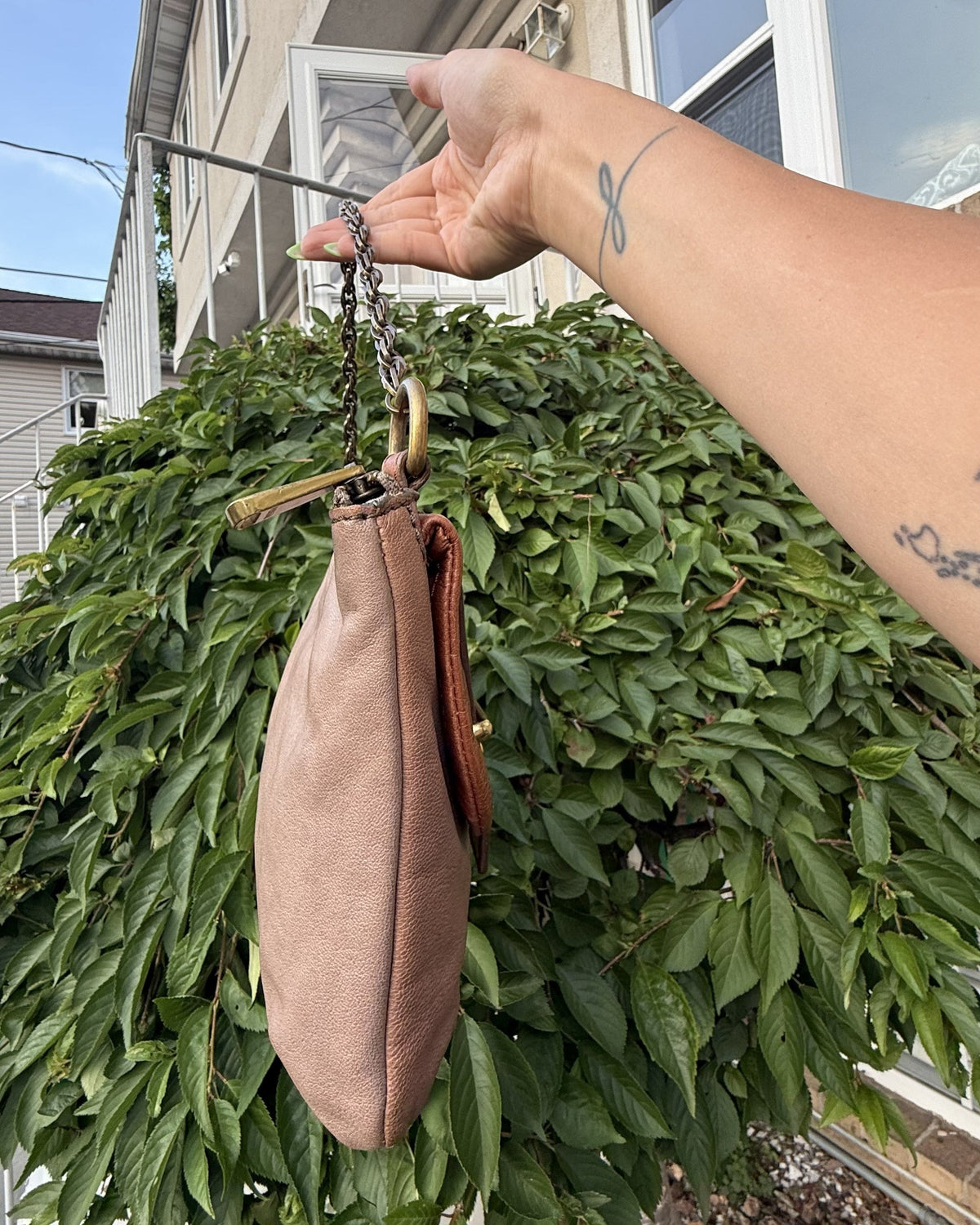 Vintage Y2K Fossil Colorblock Leather Chain Shoulder Bag Satchel Purse Tan Brown