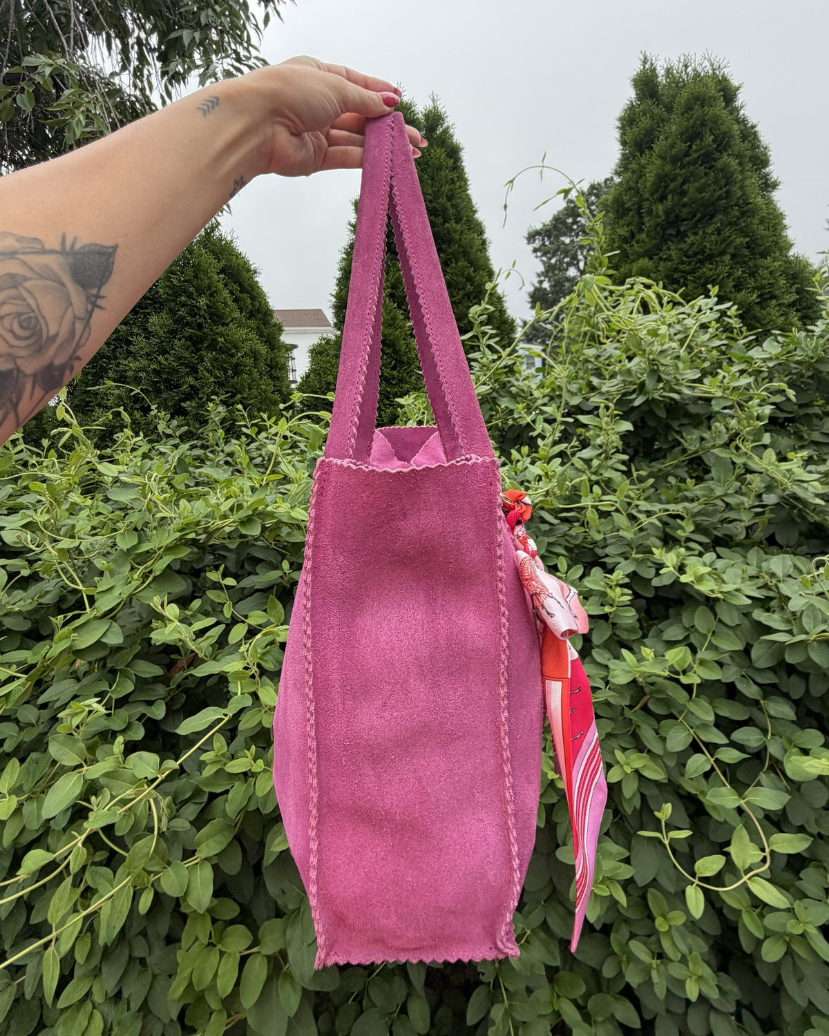 Ginger Michelle Pink Suede Vintage Genuine Leather Boho Tote Bag Shoulder Purse