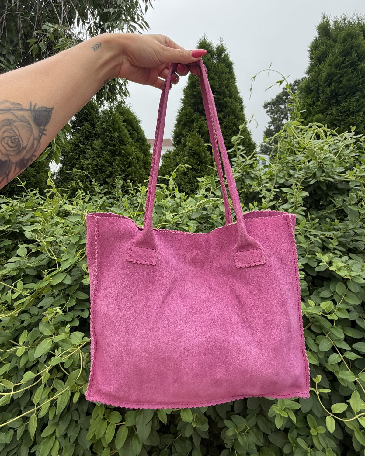 Ginger Michelle Pink Suede Vintage Genuine Leather Boho Tote Bag Shoulder Purse