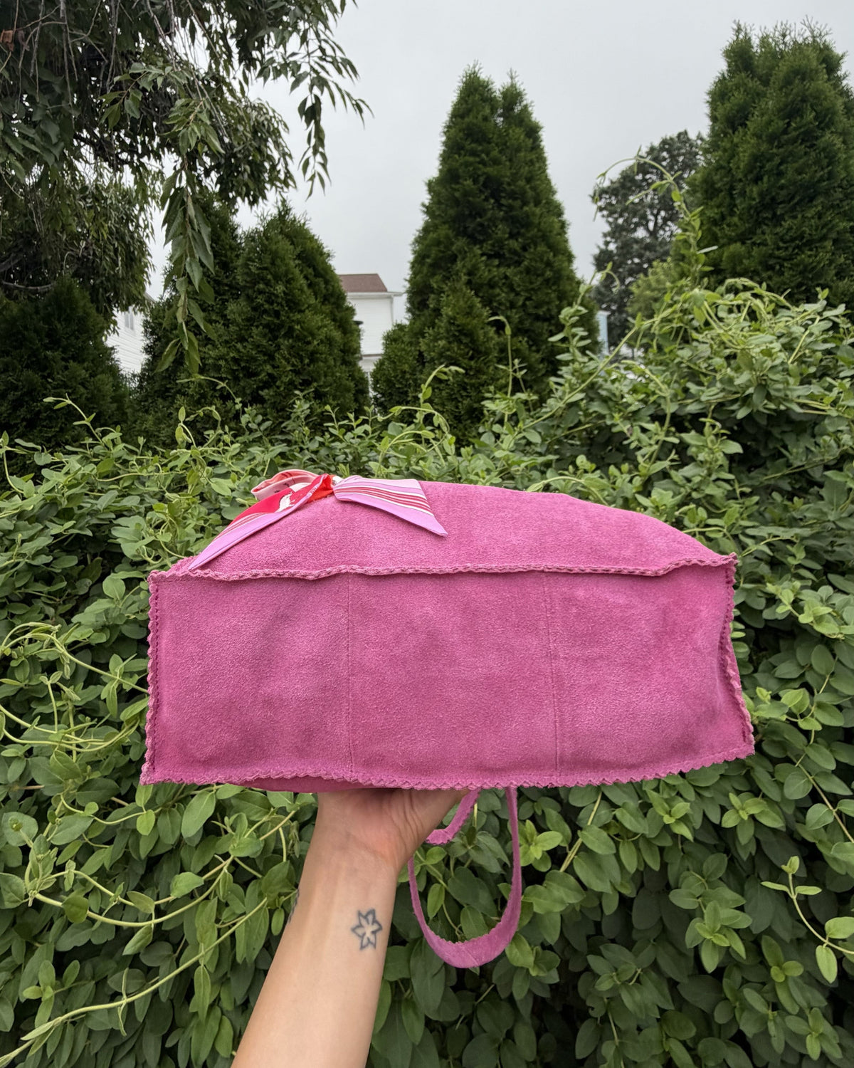 Ginger Michelle Pink Suede Vintage Genuine Leather Boho Tote Bag Shoulder Purse