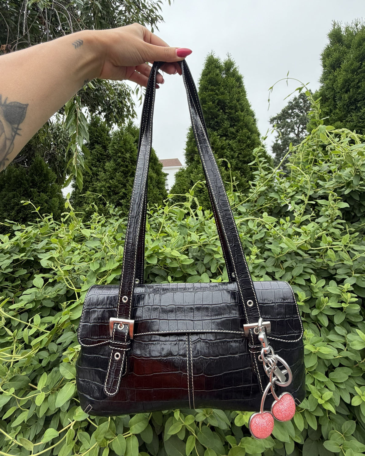 Vintage Tignanello Black Croc Embossed Leather Baguette Shoulder Bag Y2K