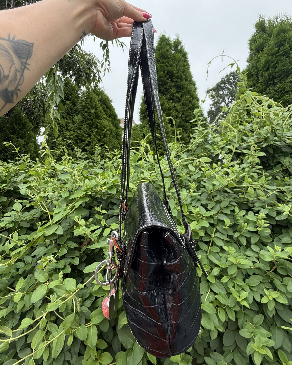 Vintage Tignanello Black Croc Embossed Leather Baguette Shoulder Bag Y2K