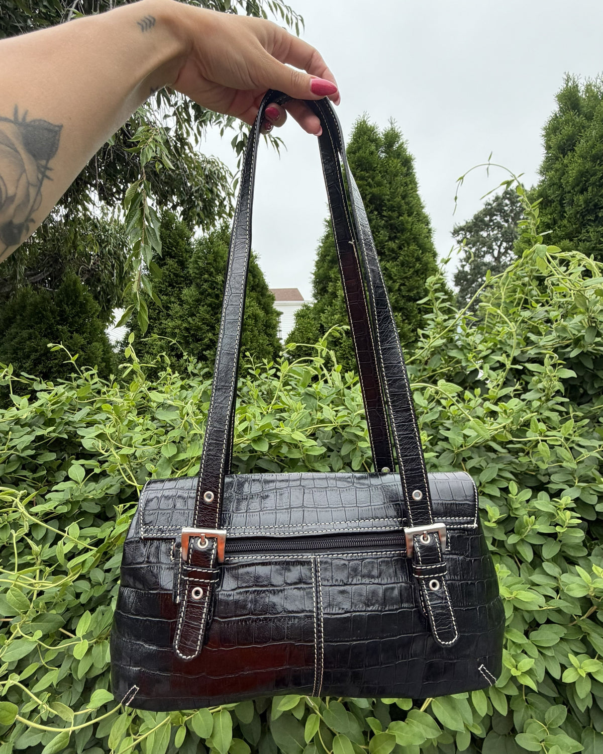 Vintage Tignanello Black Croc Embossed Leather Baguette Shoulder Bag Y2K