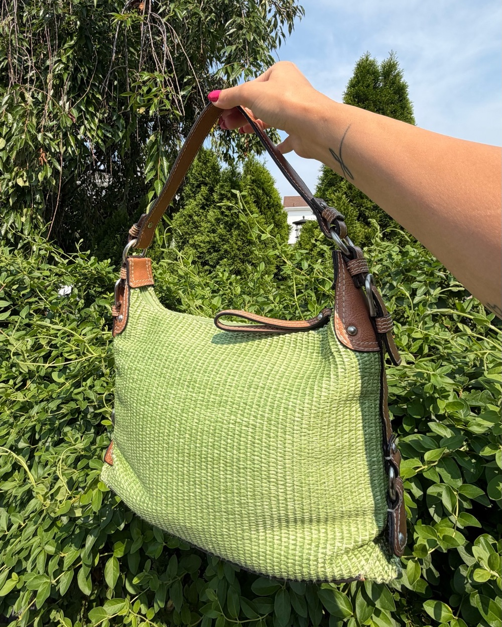 Vintage Y2K Fossil Lime Green Woven Boho Bag Shoulder Purse EUC