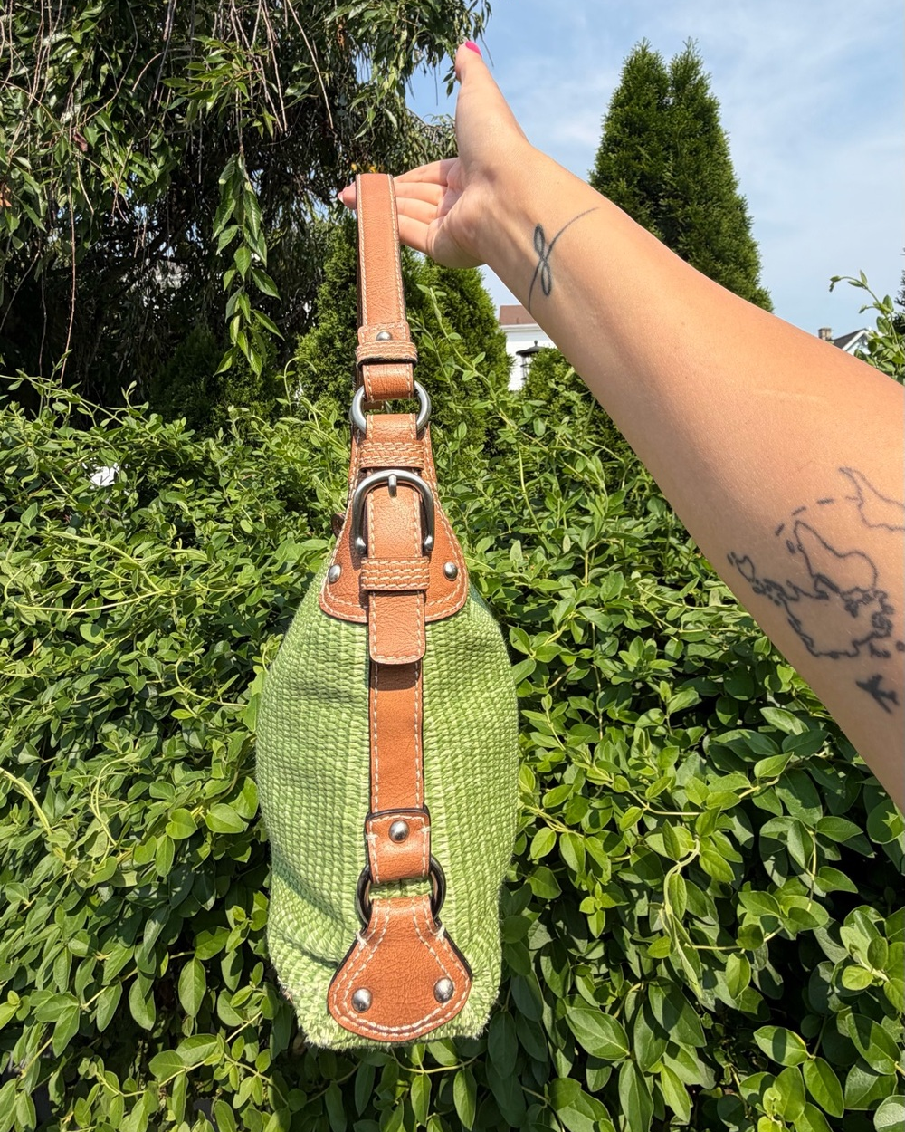 Vintage Y2K Fossil Lime Green Woven Boho Bag Shoulder Purse EUC