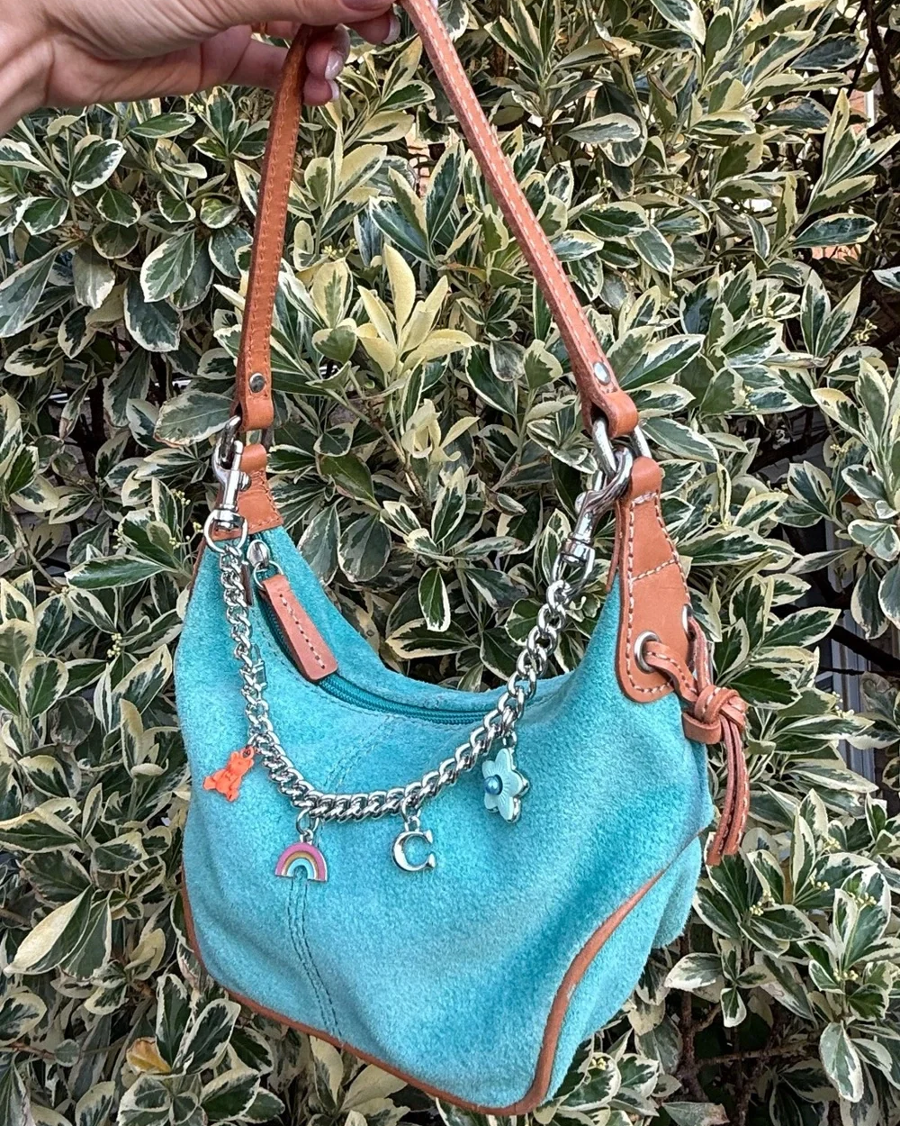 Fossil Teal Suede Y2K Shoulder Bag Metal Chain Strap Mini Purse