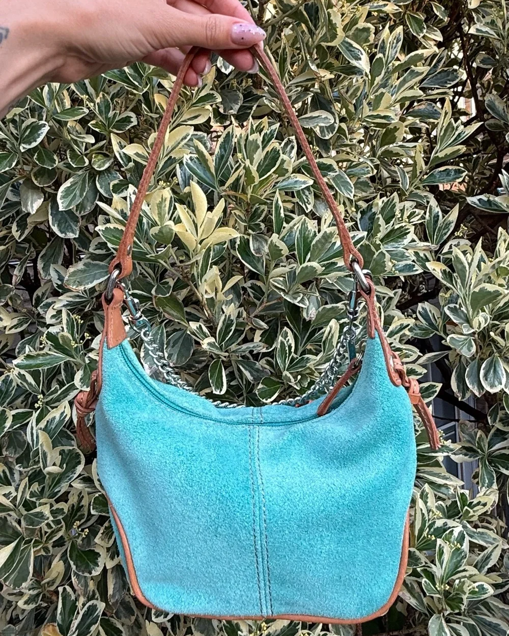 Fossil Teal Suede Y2K Shoulder Bag Metal Chain Strap Mini Purse
