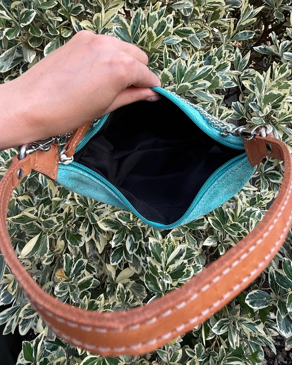 Fossil Teal Suede Y2K Shoulder Bag Metal Chain Strap Mini Purse