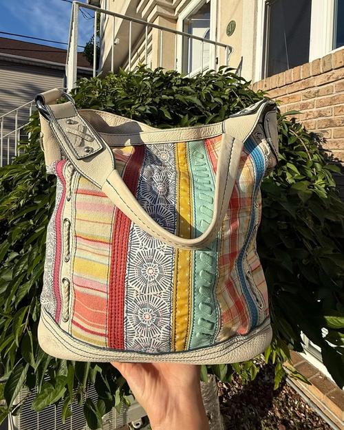 Fossil Patchwork Tote Bag Boho Canvas Leather Shoulder Bag Colorful Striped