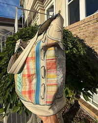 Fossil Patchwork Tote Bag Boho Canvas Leather Shoulder Bag Colorful Striped