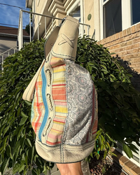 Fossil Patchwork Tote Bag Boho Canvas Leather Shoulder Bag Colorful Striped