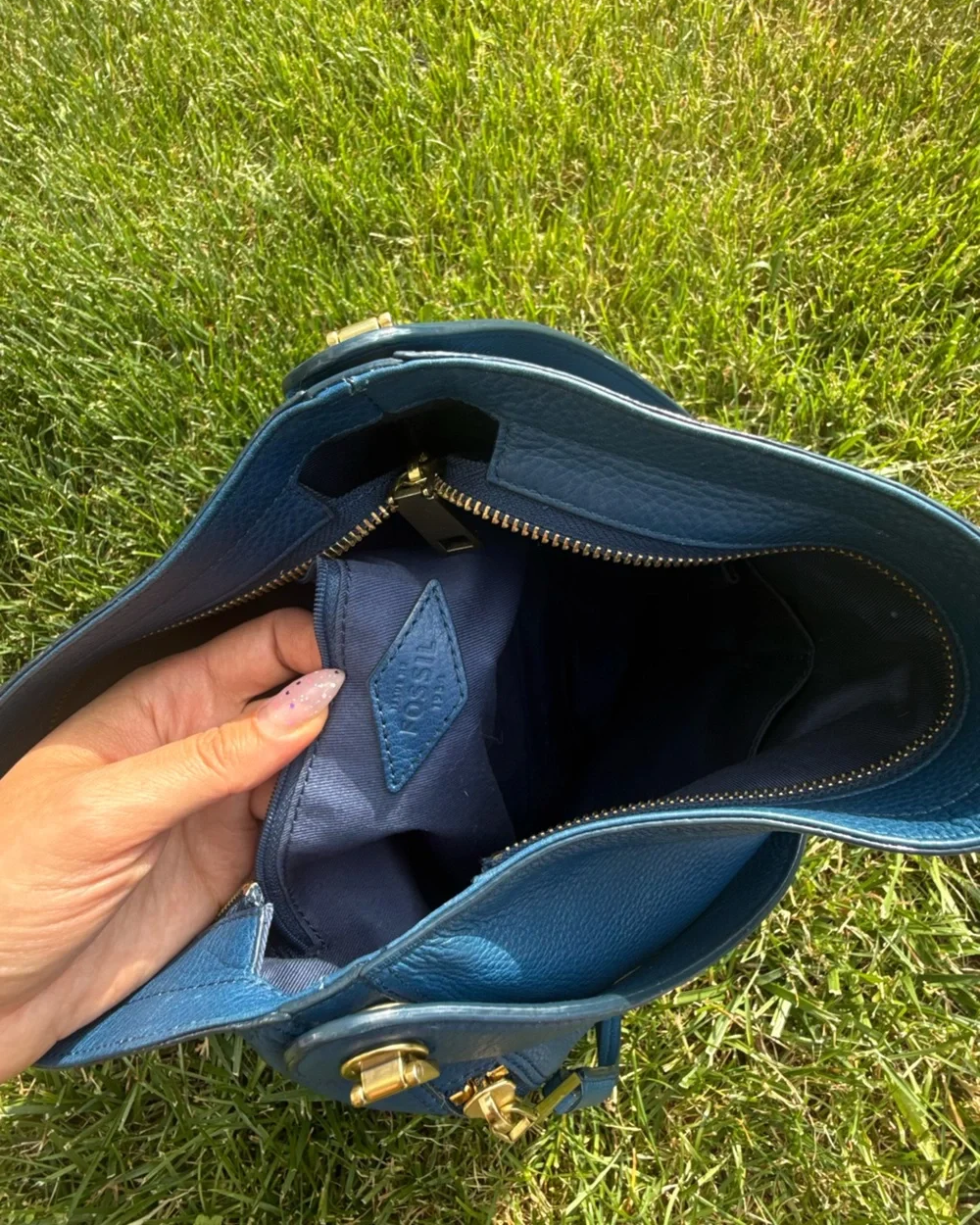 Vintage Fossil Blue Leather Hobo Shoulder Bag Slouchy Boho Purse