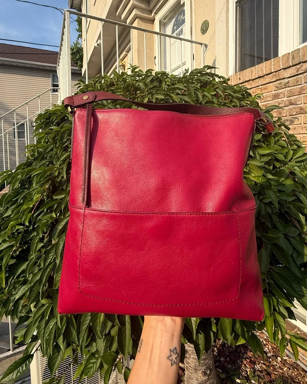 Fossil Red Pink Leather Shoulder Bag with Burgundy Strap