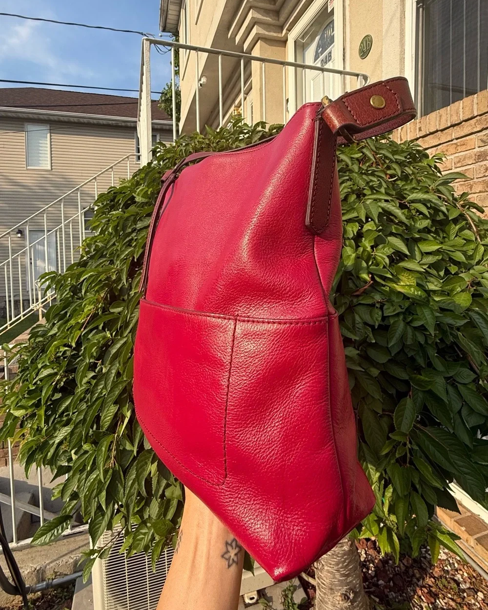 Fossil Red Pink Leather Shoulder Bag with Burgundy Strap