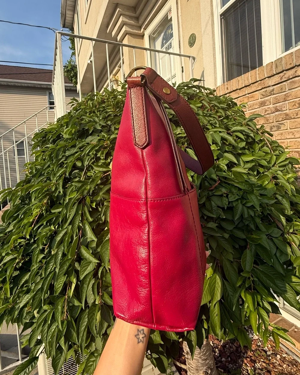 Fossil Red Pink Leather Shoulder Bag with Burgundy Strap