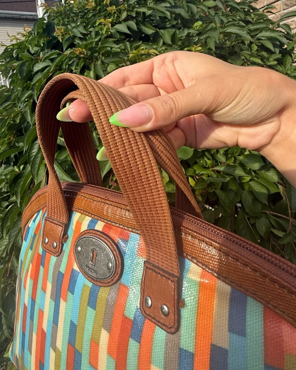Fossil Vintage Y2K Multicolor Leather Geometric Print Satchel Handle Bag Purse