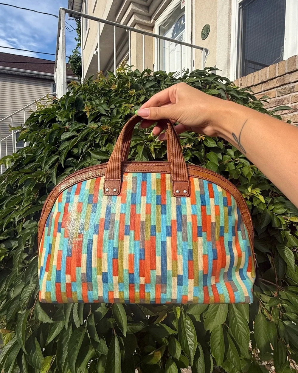 Fossil Vintage Y2K Multicolor Leather Geometric Print Satchel Handle Bag Purse