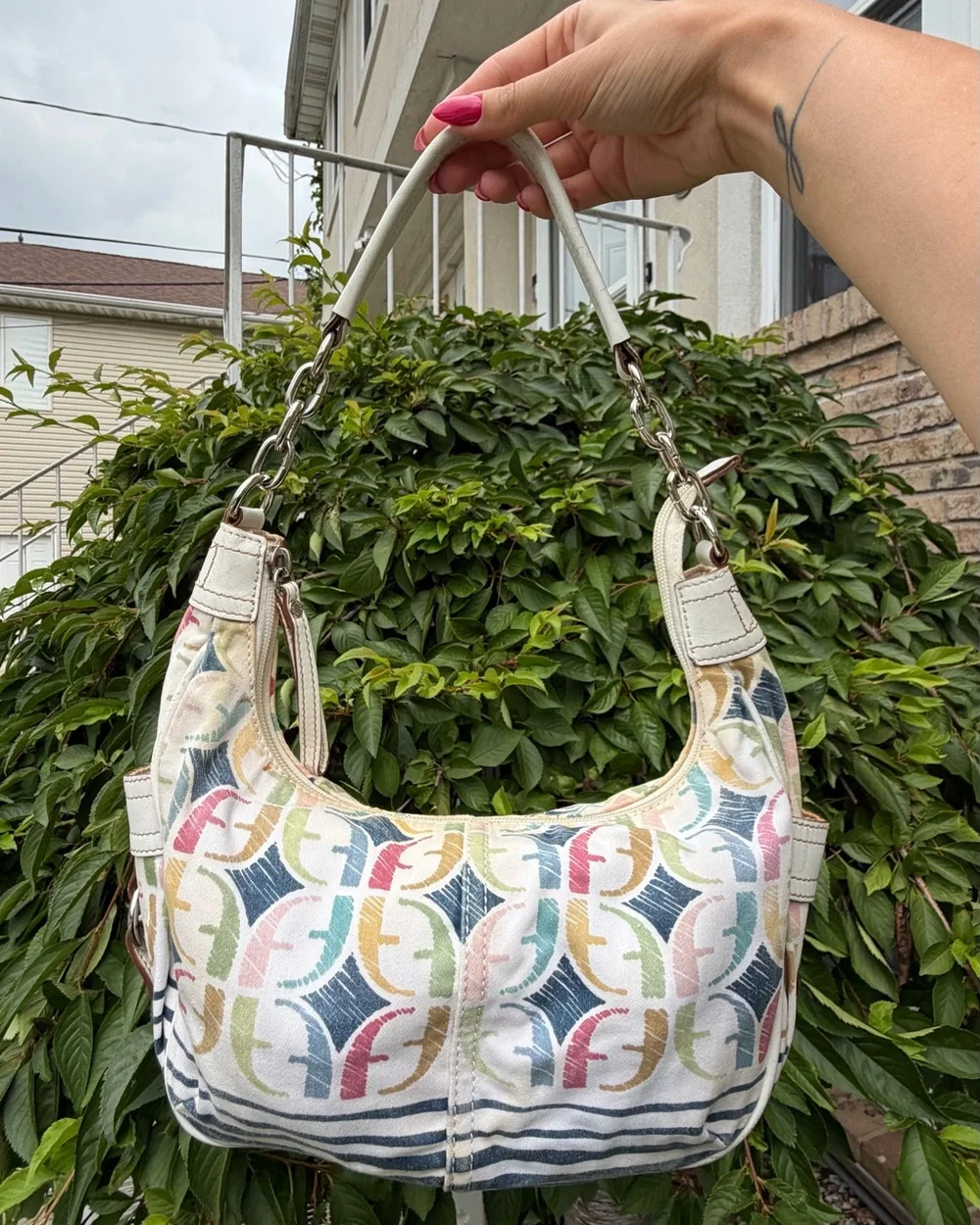Vintage Fossil Multicolor Monogram Crescent Shoulder Bag Y2K Rare