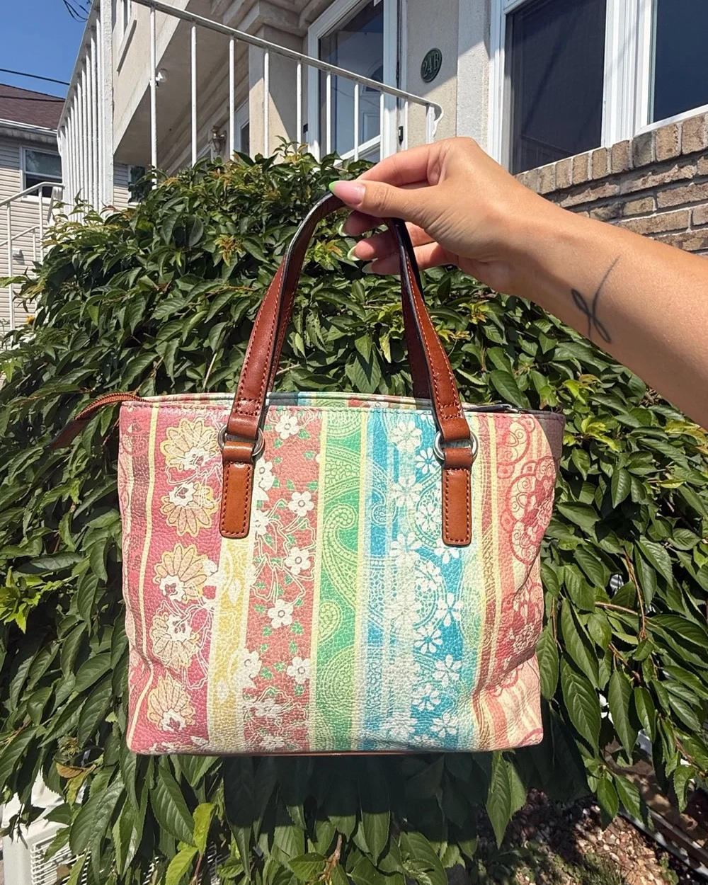 Fossil Vintage Y2K Multicolor Patchwork Style Print Leather Small Satchel Purse