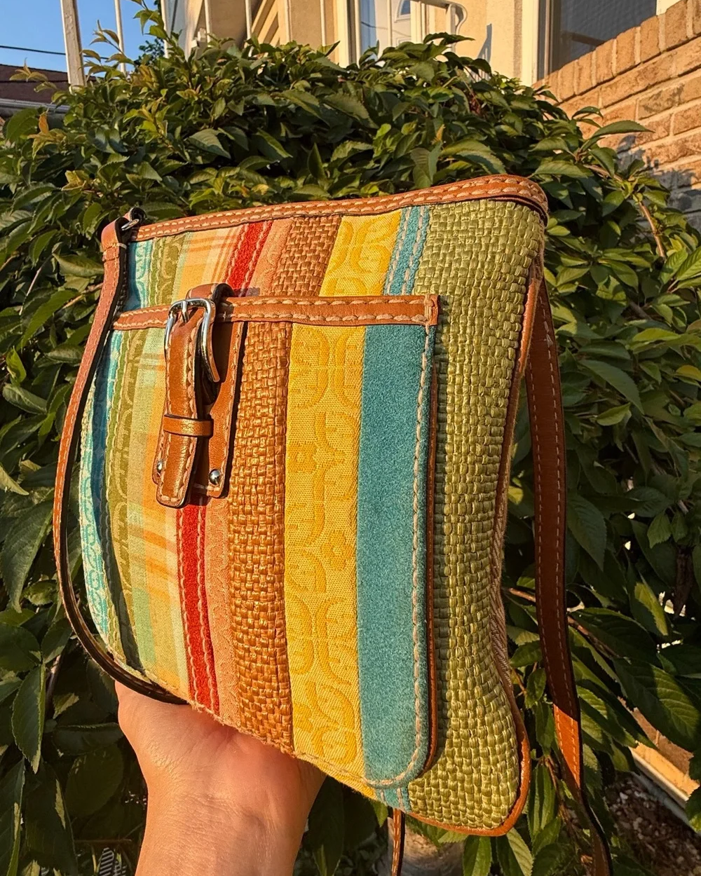 Fossil Vintage Y2K Multicolor Patchwork Suede Signature Pattern Crossbody Bag