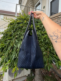 Vintage Fossil Navy Woven Leather Satchel Top Handle Shoulder Bag
