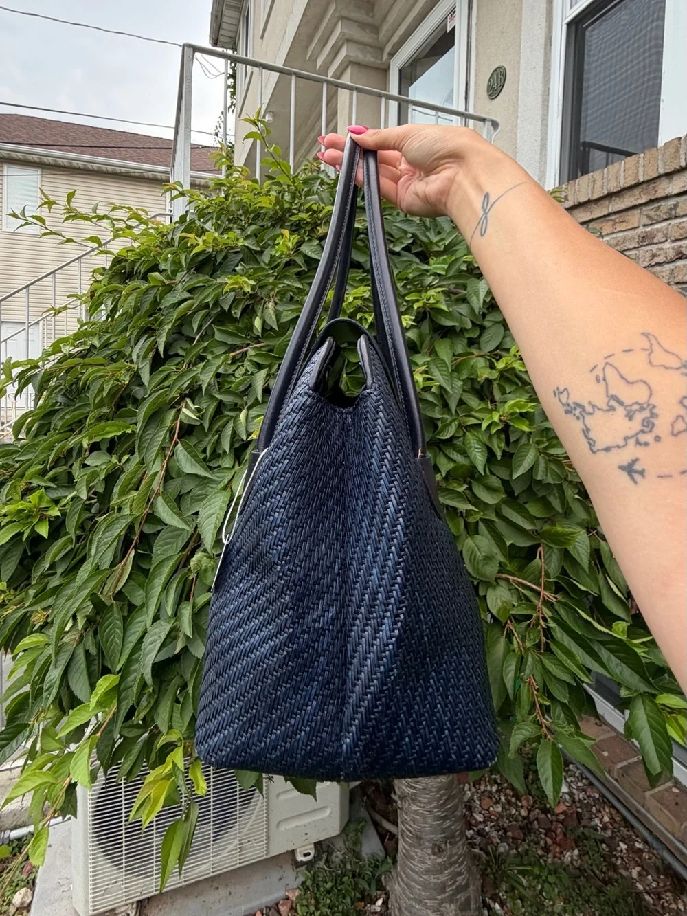 Vintage Fossil Navy Woven Leather Satchel Top Handle Shoulder Bag
