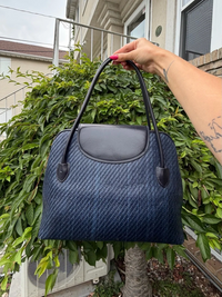 Vintage Fossil Navy Woven Leather Satchel Top Handle Shoulder Bag