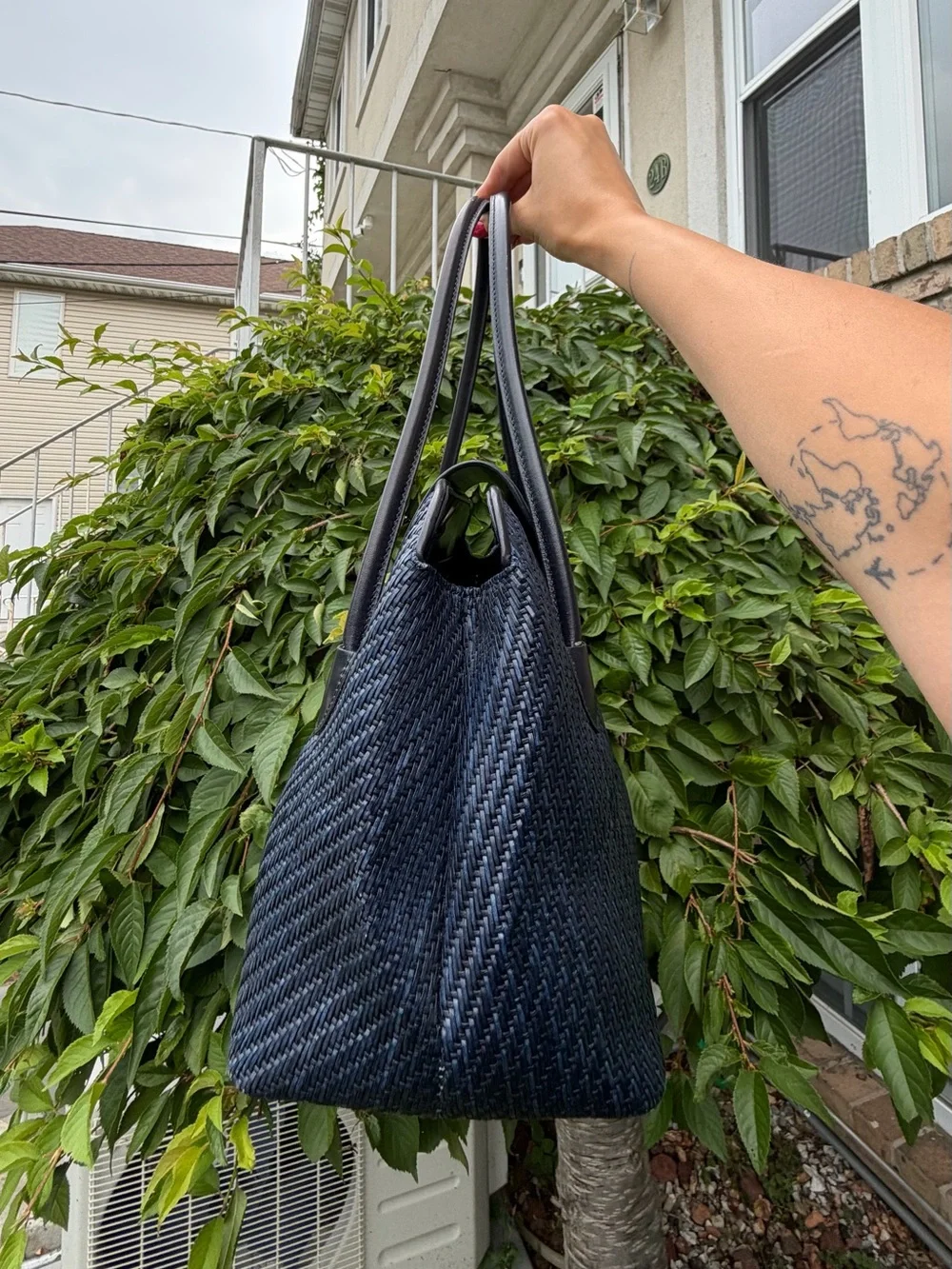Vintage Fossil Navy Woven Leather Satchel Top Handle Shoulder Bag