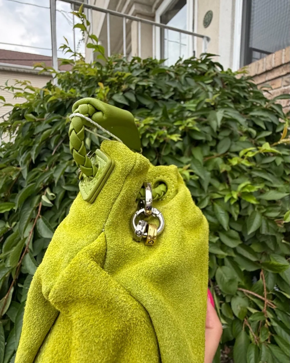 Lime Green Suede Bucket Bag Drawstring Crossbody Dumpling Cloud Pouch NWT