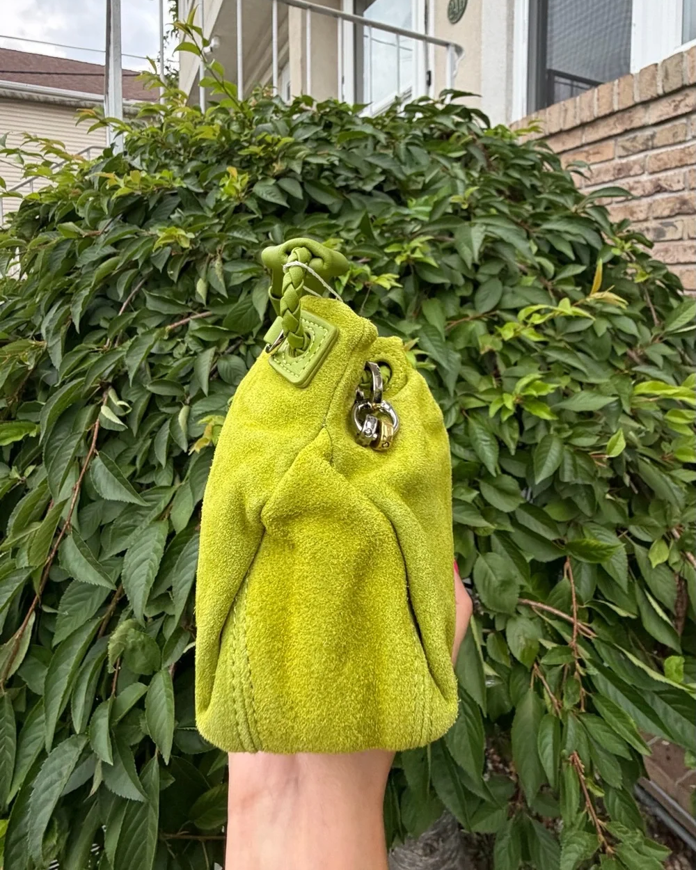 Lime Green Suede Bucket Bag Drawstring Crossbody Dumpling Cloud Pouch NWT