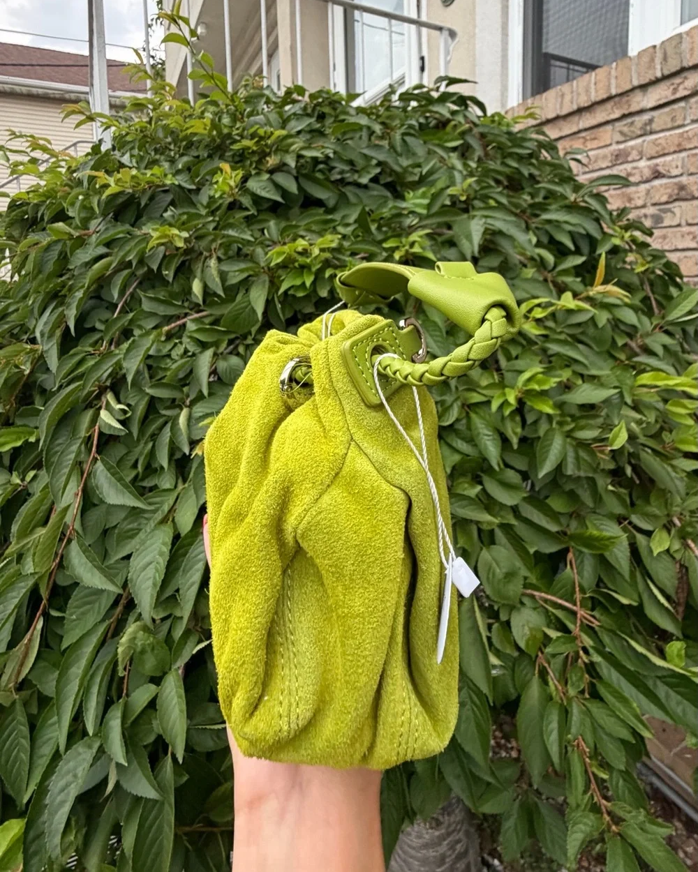 Lime Green Suede Bucket Bag Drawstring Crossbody Dumpling Cloud Pouch NWT