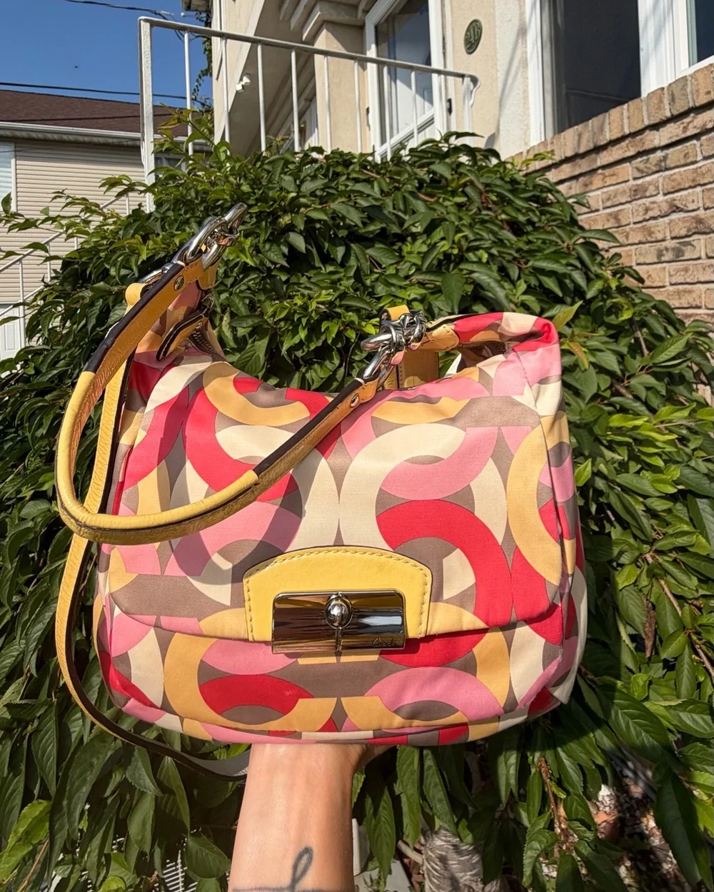 Coach Y2K Multicolor Kristin Op Art Sateen Shoulder Crossbody Bag Pink Yellow