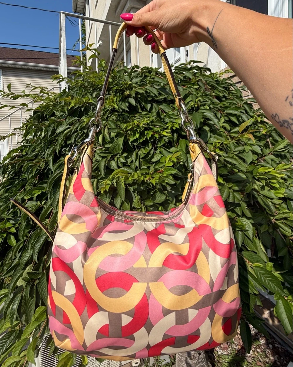 Coach Y2K Multicolor Kristin Op Art Sateen Shoulder Crossbody Bag Pink Yellow