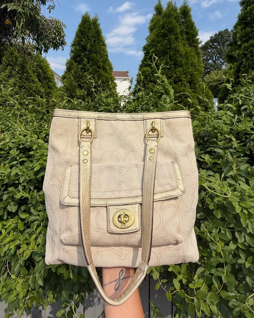 Coach Penelope Signature Ivory Metallic Tote Shoulder Bag
