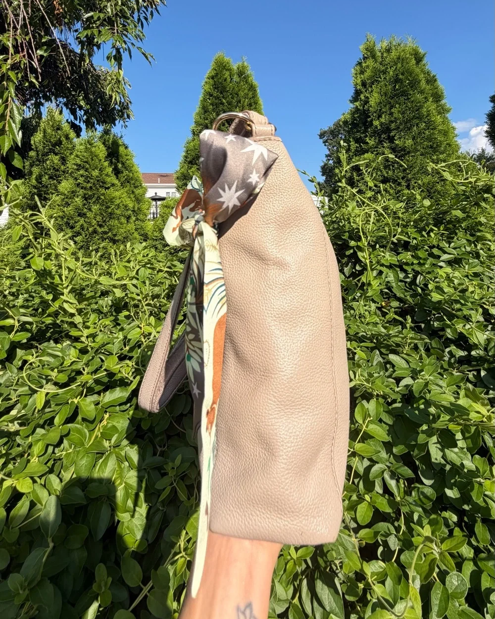 Vintage Fossil Taupe Leather Y2K Shoulder Crossbody Bag with Scarf Accent