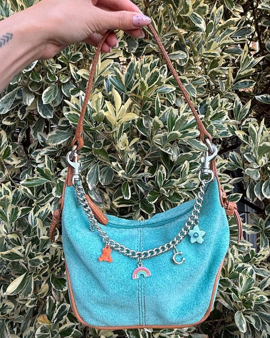 Fossil Teal Suede Y2K Shoulder Bag Metal Chain Strap Mini Hobo Purse