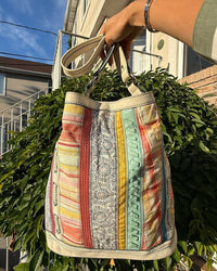 Fossil Patchwork Tote Bag Boho Canvas Leather Shoulder Bag Colorful Striped
