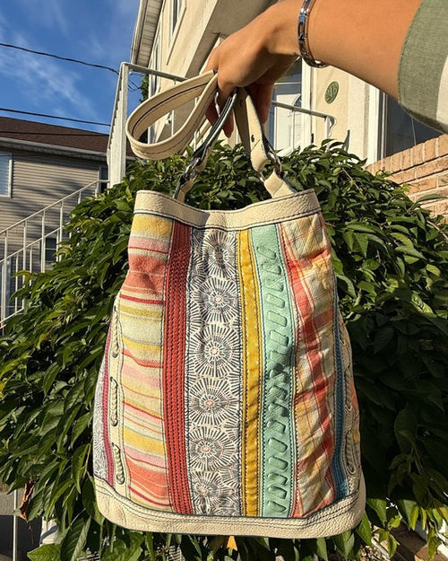 Fossil Patchwork Tote Bag Boho Canvas Leather Shoulder Bag Colorful Striped