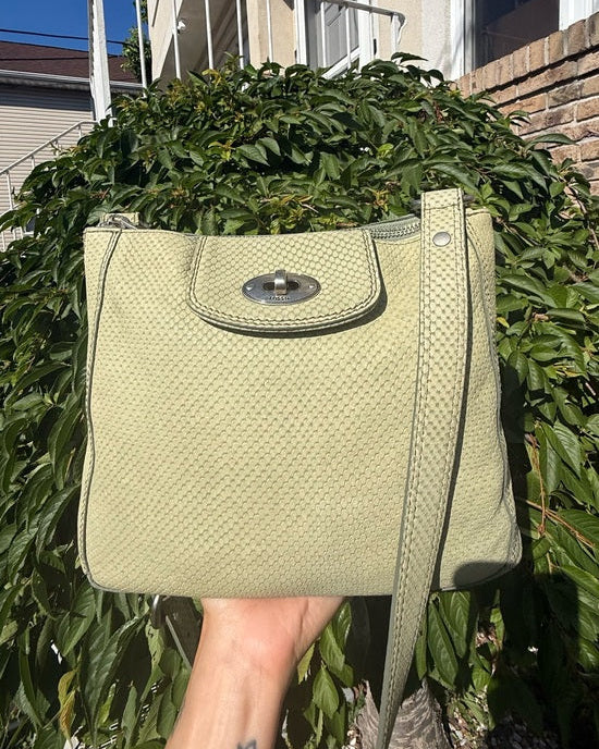 Fossil Vintage Y2K Light Sage Green Snake Embossed Leather Crossbody Bag