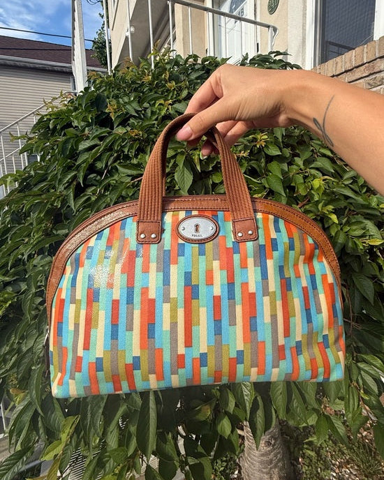 Fossil Vintage Y2K Multicolor Leather Geometric Print Satchel Handle Bag Purse